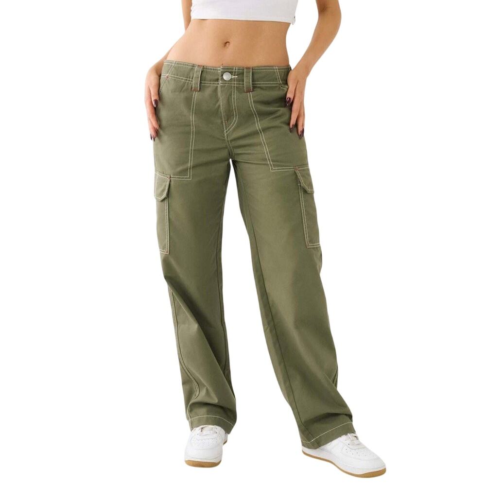 True Religion Women's Olive Green Military Single Needle Cargo Pants Size 28